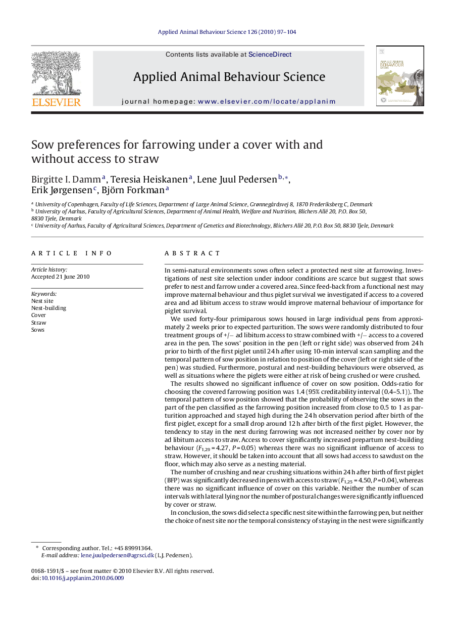 Sow preferences for farrowing under a cover with and without access to straw