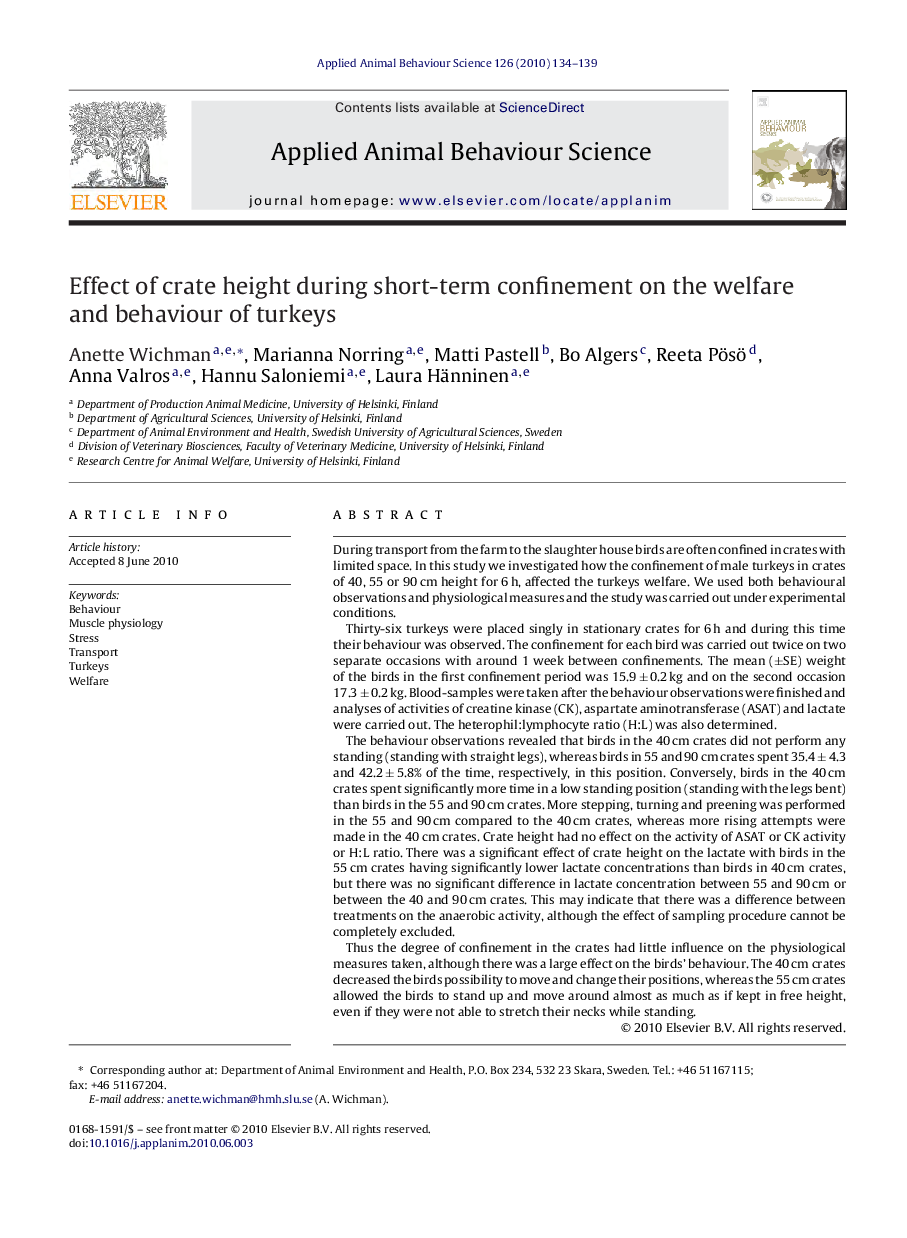 Effect of crate height during short-term confinement on the welfare and behaviour of turkeys