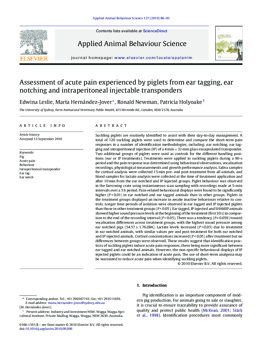 Assessment of acute pain experienced by piglets from ear tagging, ear notching and intraperitoneal injectable transponders