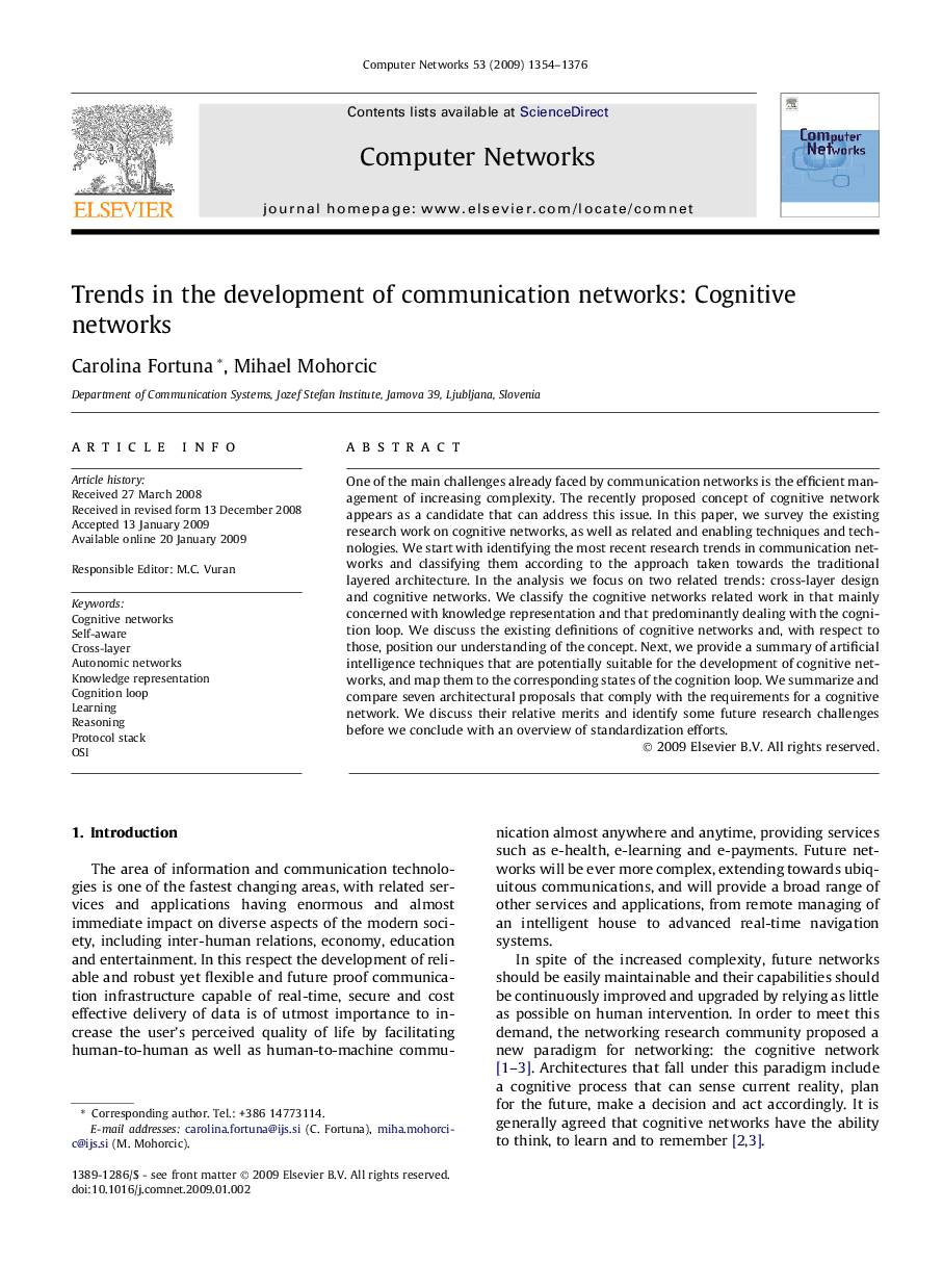 Trends in the development of communication networks: Cognitive networks