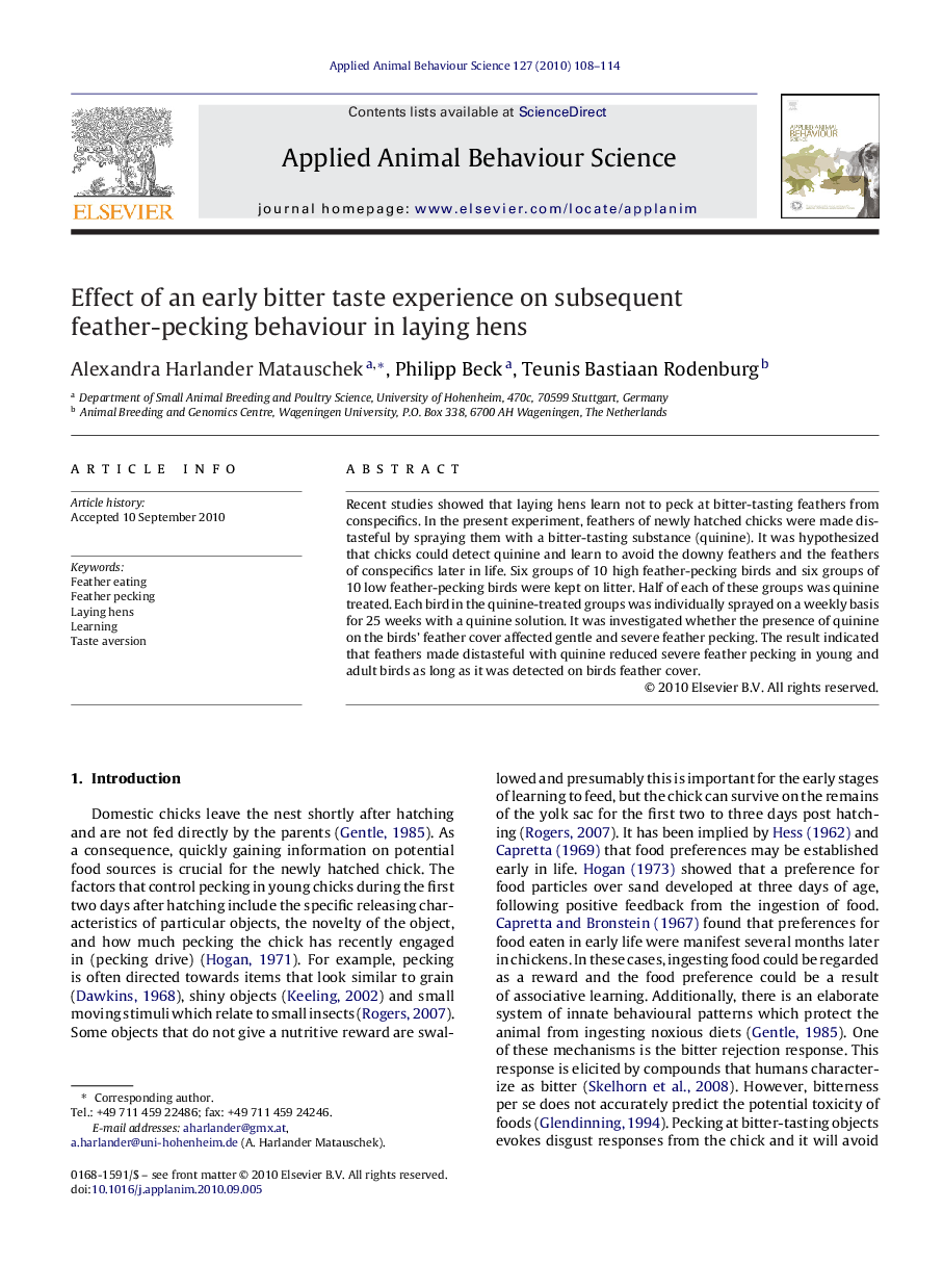 Effect of an early bitter taste experience on subsequent feather-pecking behaviour in laying hens