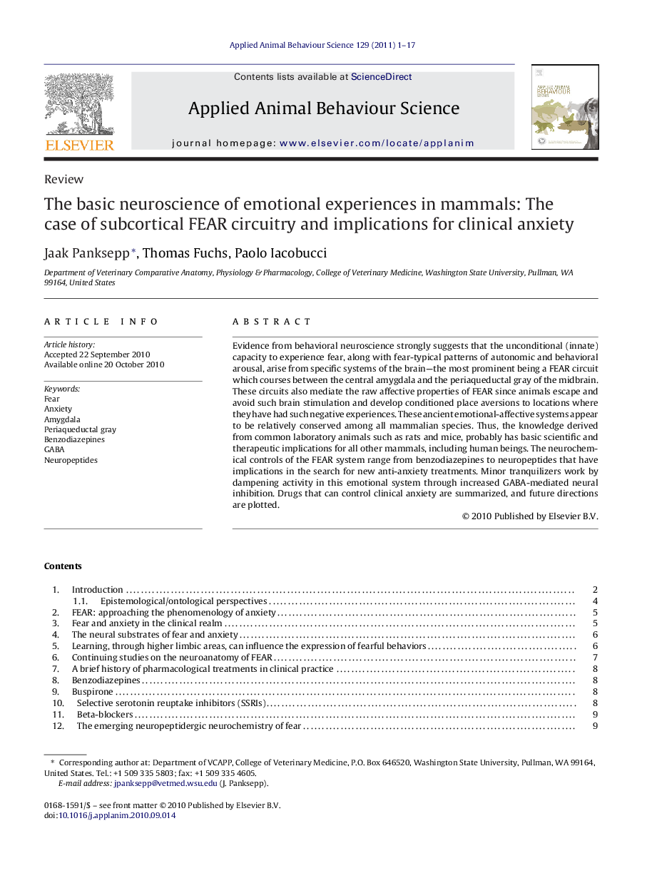 The basic neuroscience of emotional experiences in mammals: The case of subcortical FEAR circuitry and implications for clinical anxiety