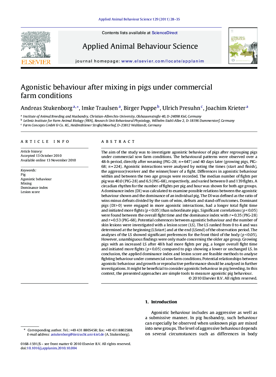 Agonistic behaviour after mixing in pigs under commercial farm conditions