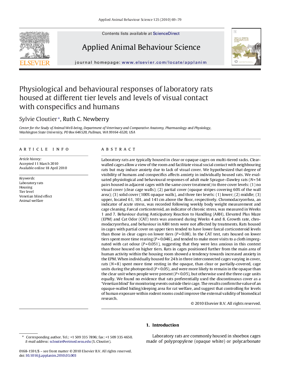 Physiological and behavioural responses of laboratory rats housed at different tier levels and levels of visual contact with conspecifics and humans