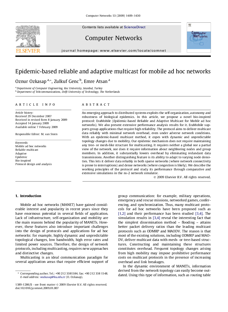 Epidemic-based reliable and adaptive multicast for mobile ad hoc networks