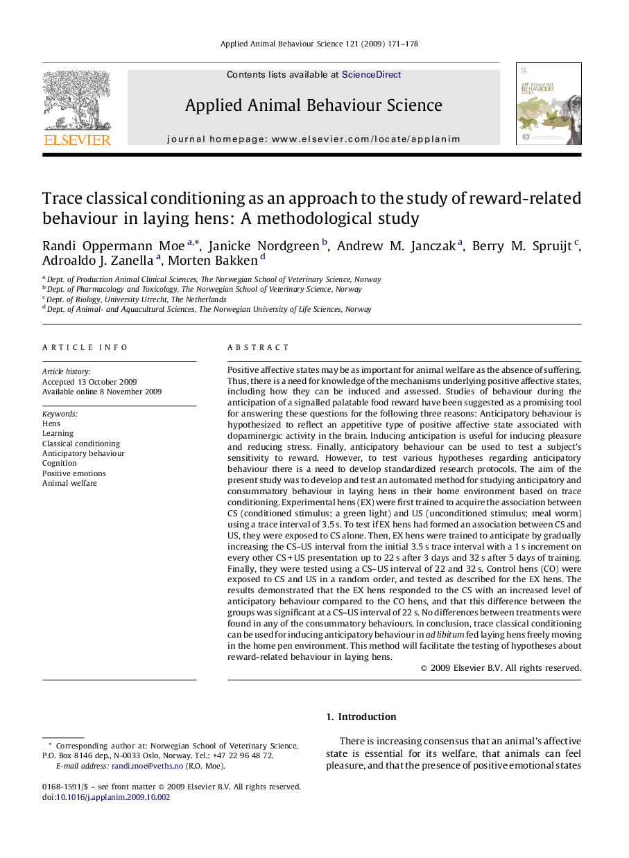 Trace classical conditioning as an approach to the study of reward-related behaviour in laying hens: A methodological study