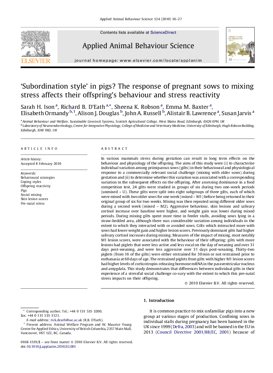 ‘Subordination style’ in pigs? The response of pregnant sows to mixing stress affects their offspring's behaviour and stress reactivity