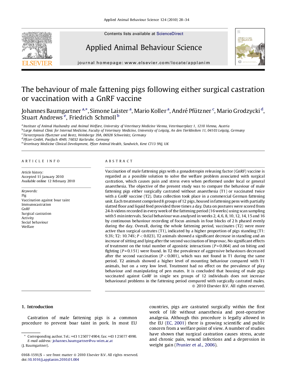 The behaviour of male fattening pigs following either surgical castration or vaccination with a GnRF vaccine