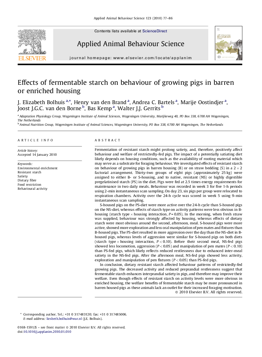 Effects of fermentable starch on behaviour of growing pigs in barren or enriched housing