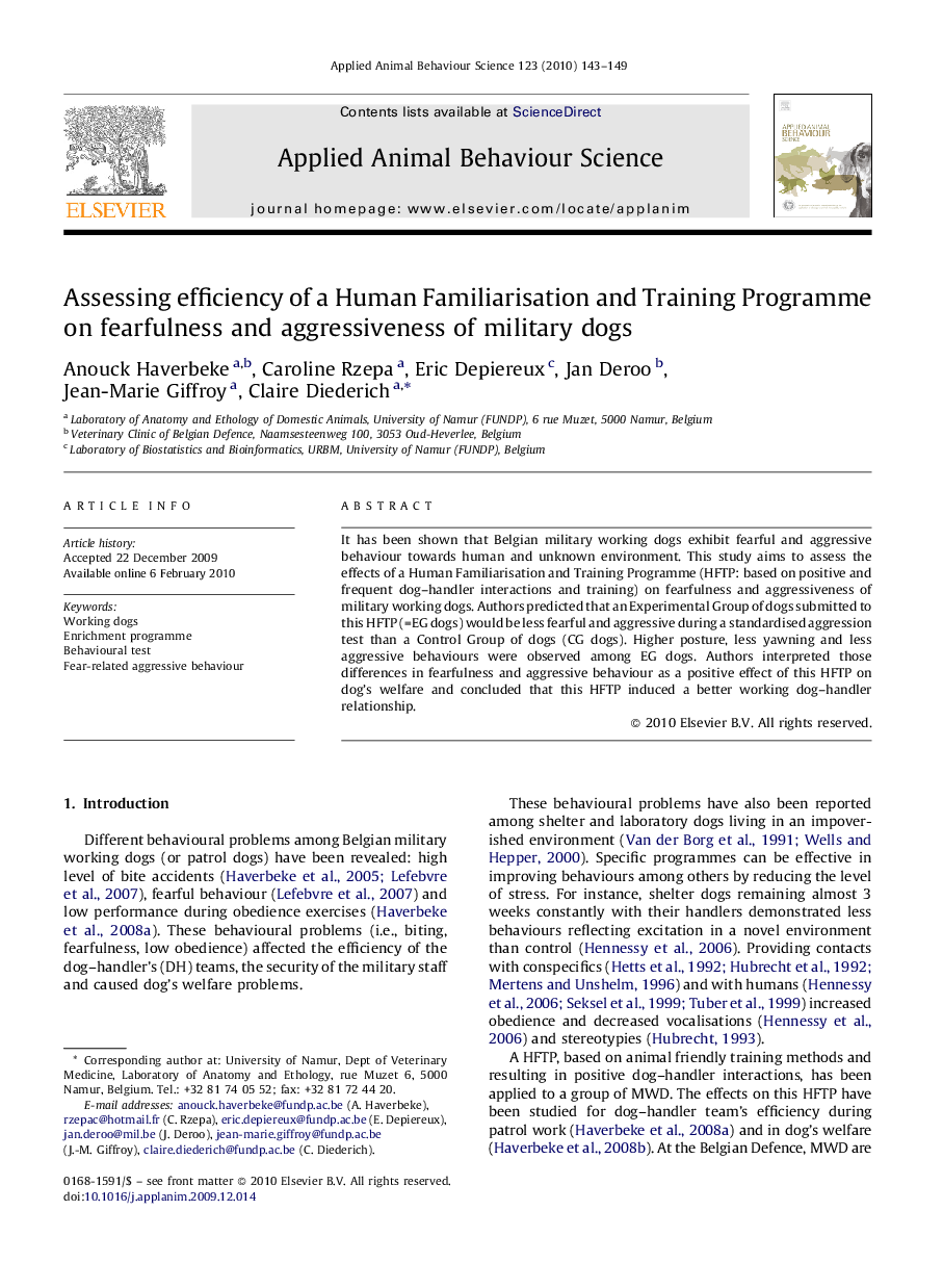 Assessing efficiency of a Human Familiarisation and Training Programme on fearfulness and aggressiveness of military dogs