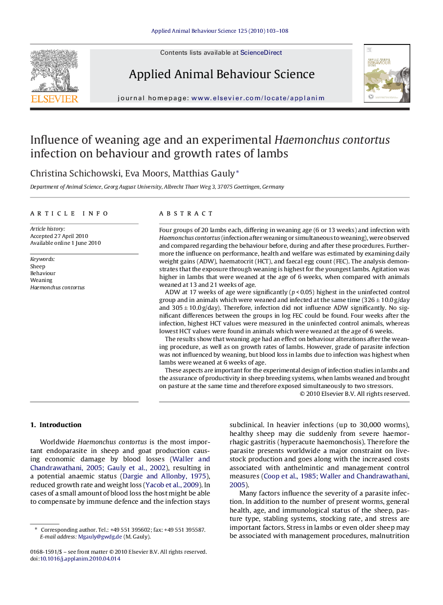 Influence of weaning age and an experimental Haemonchus contortus infection on behaviour and growth rates of lambs