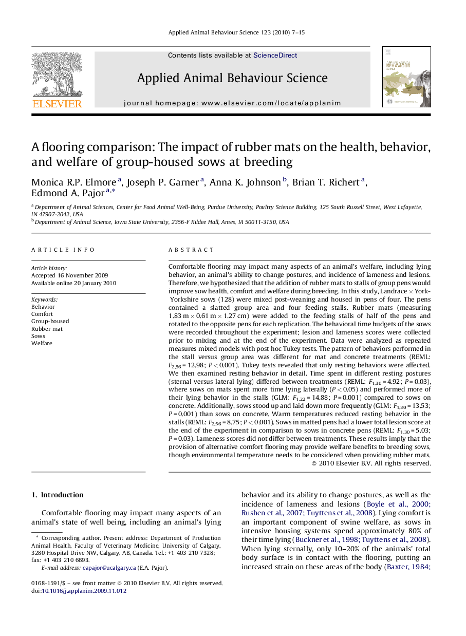 A flooring comparison: The impact of rubber mats on the health, behavior, and welfare of group-housed sows at breeding