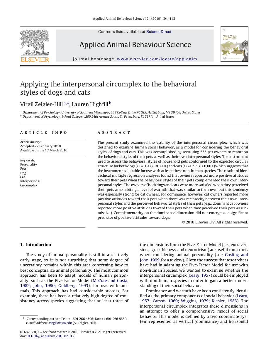 Applying the interpersonal circumplex to the behavioral styles of dogs and cats