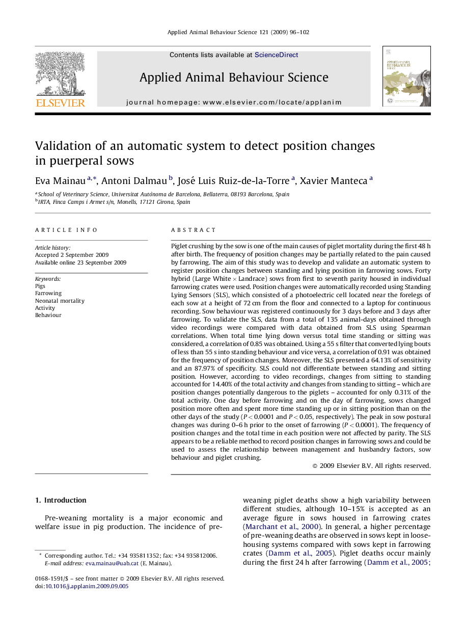 Validation of an automatic system to detect position changes in puerperal sows