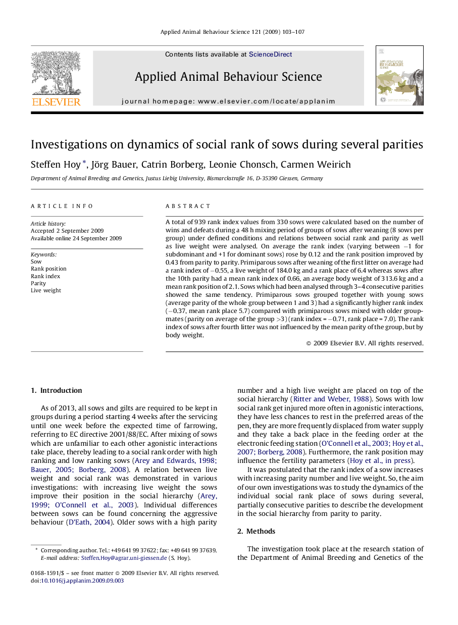 Investigations on dynamics of social rank of sows during several parities