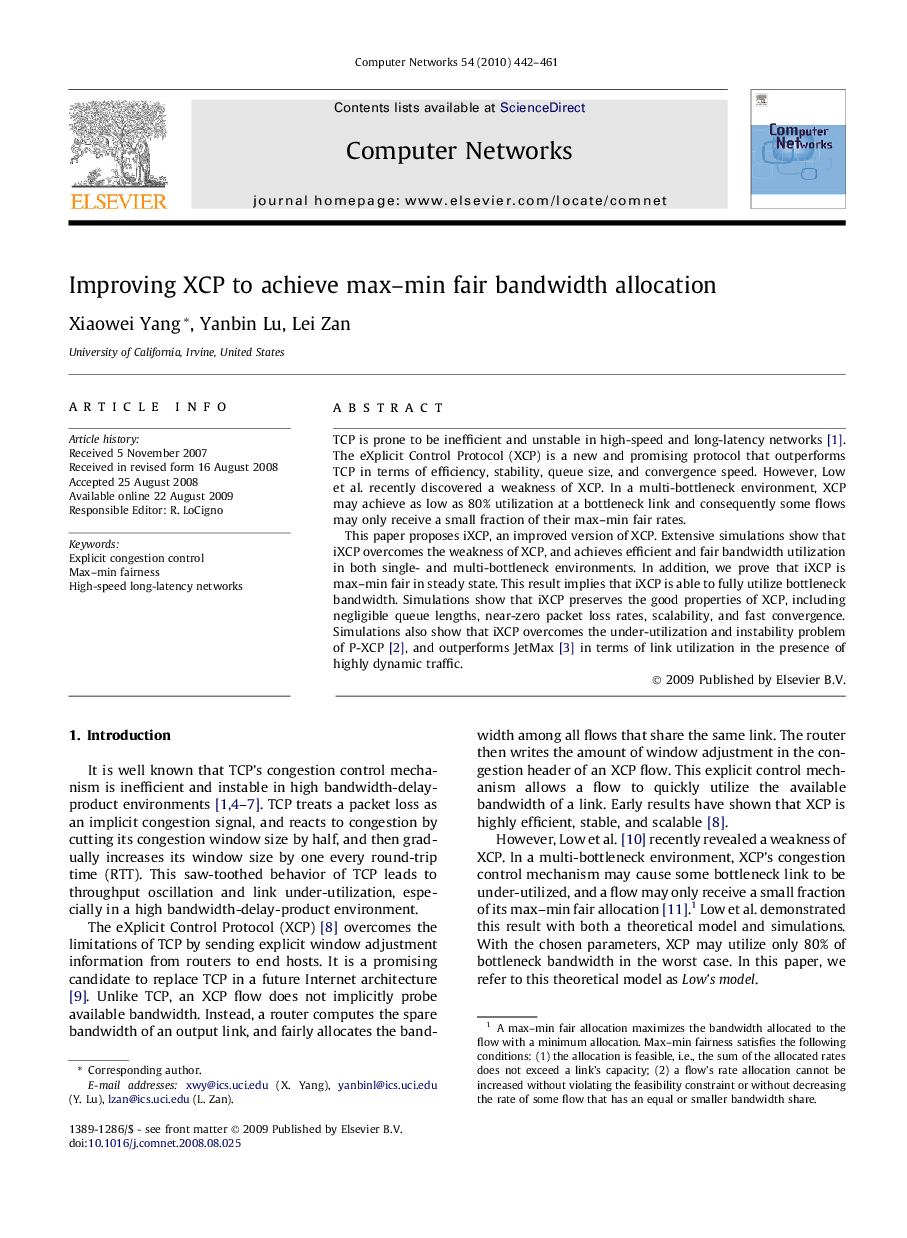 Improving XCP to achieve max–min fair bandwidth allocation