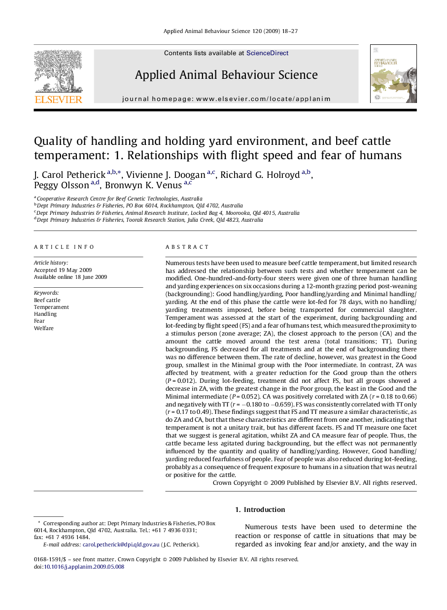 Quality of handling and holding yard environment, and beef cattle temperament: 1. Relationships with flight speed and fear of humans