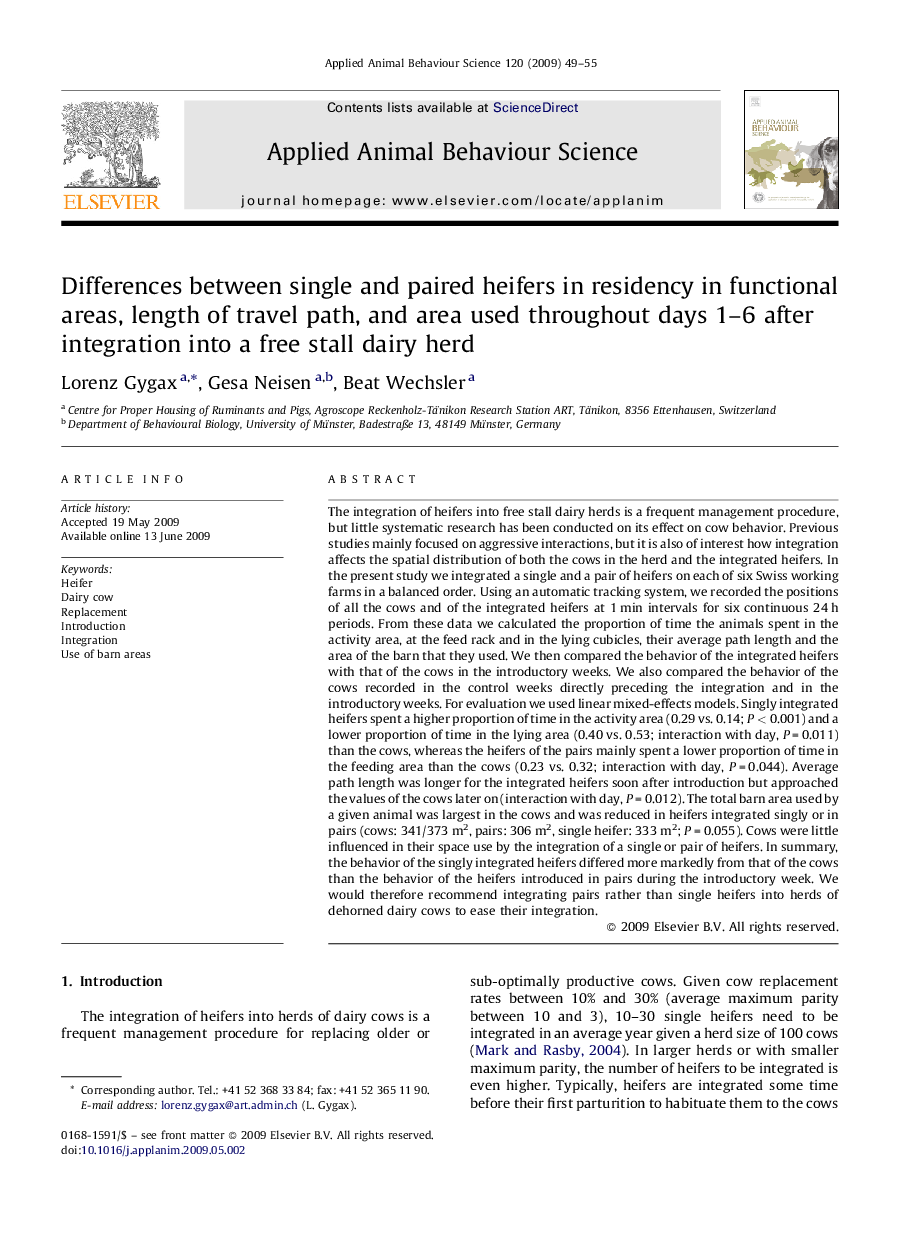 Differences between single and paired heifers in residency in functional areas, length of travel path, and area used throughout days 1–6 after integration into a free stall dairy herd