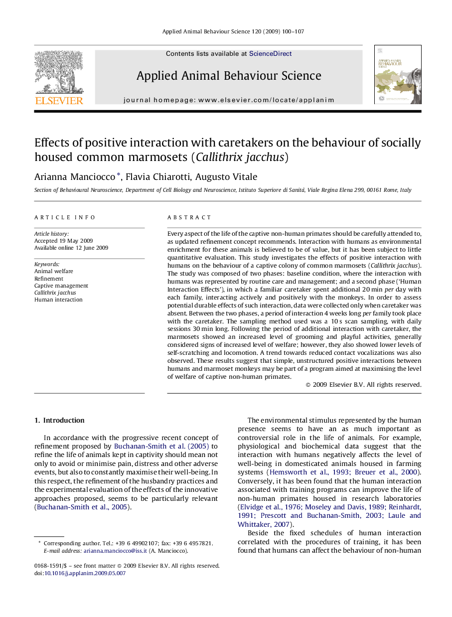 Effects of positive interaction with caretakers on the behaviour of socially housed common marmosets (Callithrix jacchus)