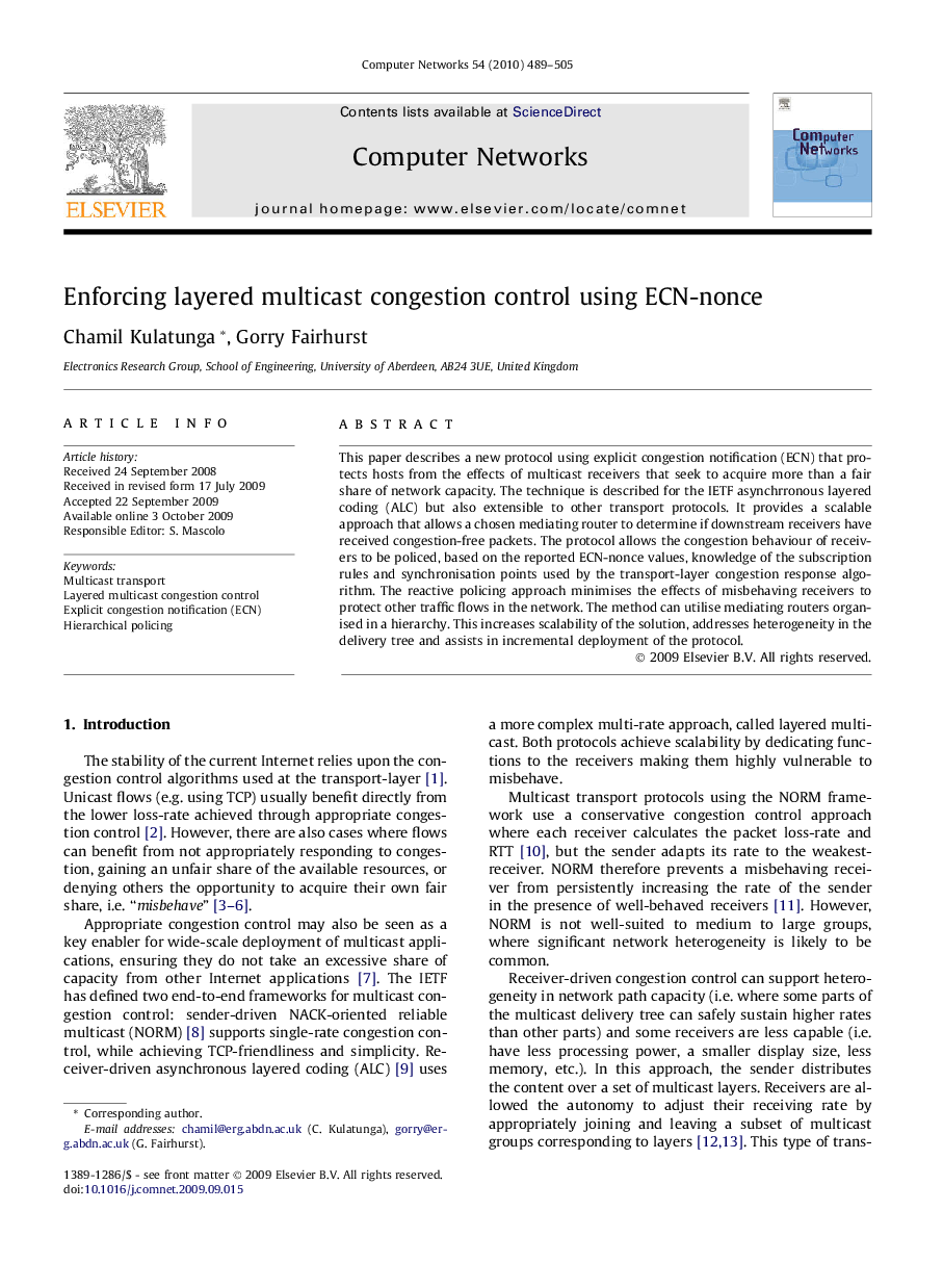 Enforcing layered multicast congestion control using ECN-nonce