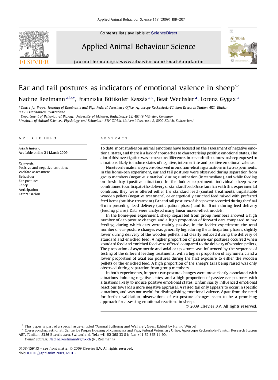 Ear and tail postures as indicators of emotional valence in sheep 