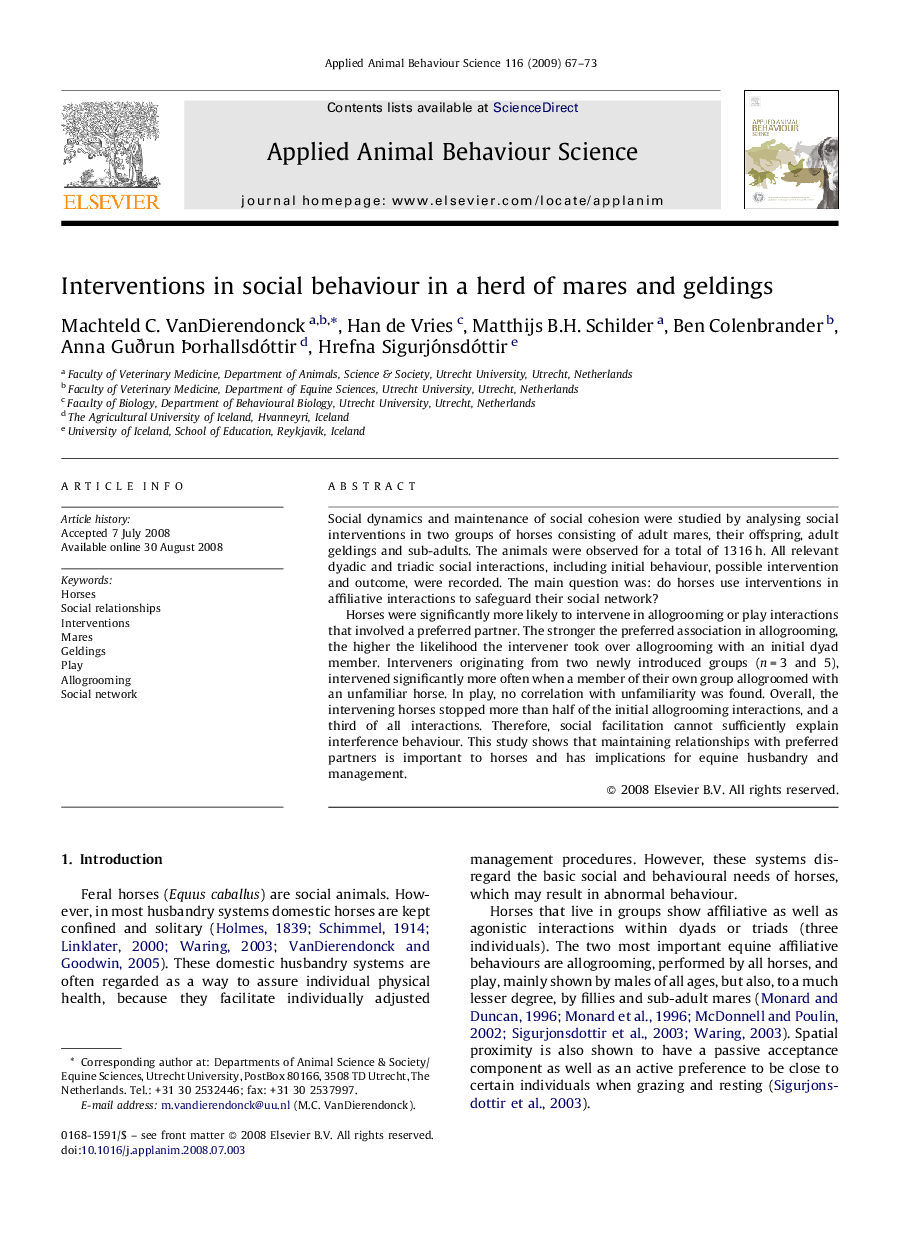 Interventions in social behaviour in a herd of mares and geldings