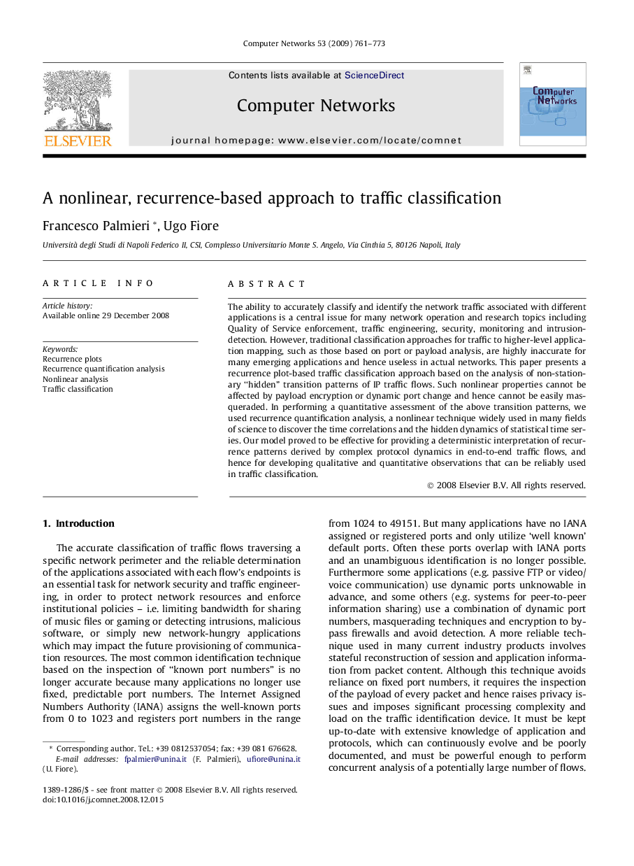 A nonlinear, recurrence-based approach to traffic classification