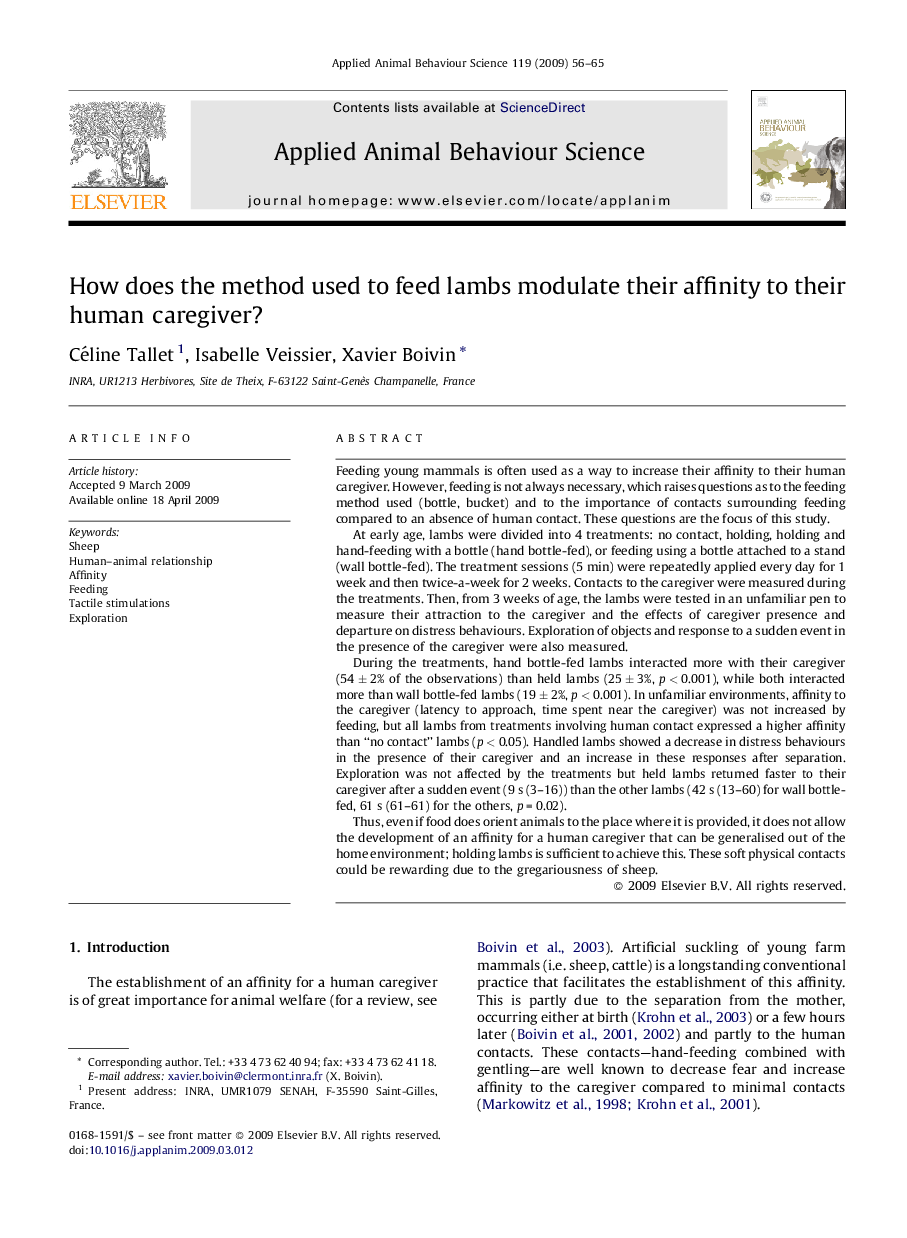 How does the method used to feed lambs modulate their affinity to their human caregiver?