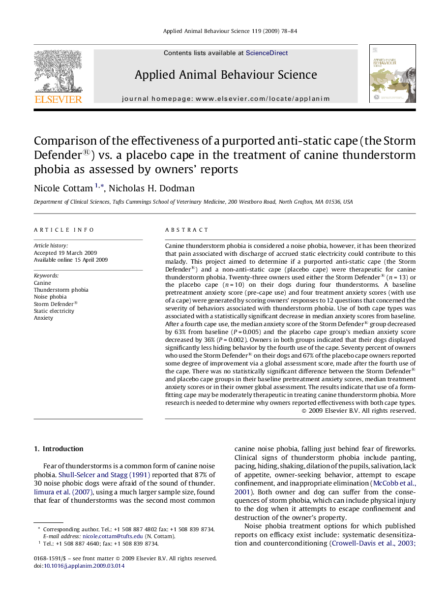 Comparison of the effectiveness of a purported anti-static cape (the Storm Defender®) vs. a placebo cape in the treatment of canine thunderstorm phobia as assessed by owners’ reports