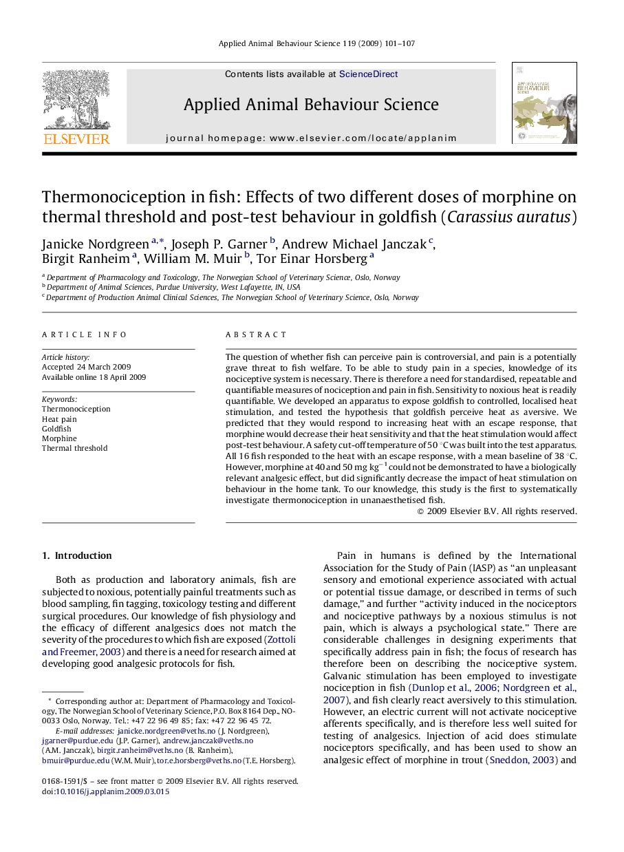 Thermonociception in fish: Effects of two different doses of morphine on thermal threshold and post-test behaviour in goldfish (Carassius auratus)