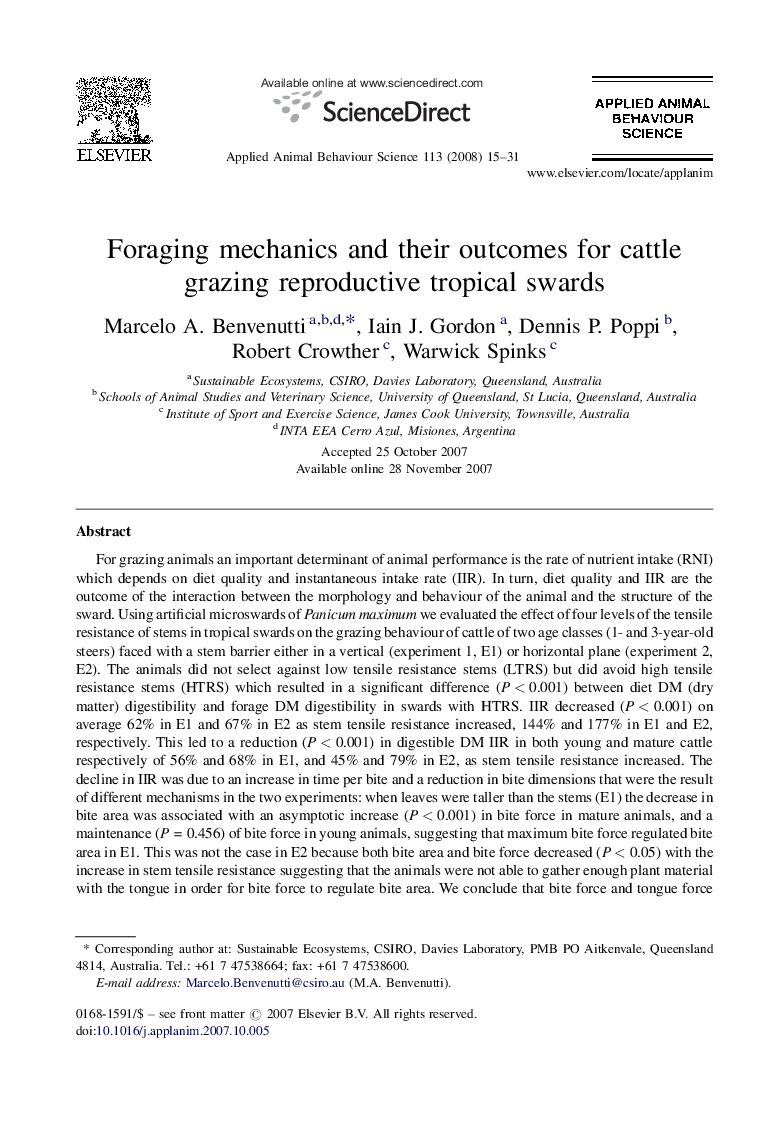 Foraging mechanics and their outcomes for cattle grazing reproductive tropical swards