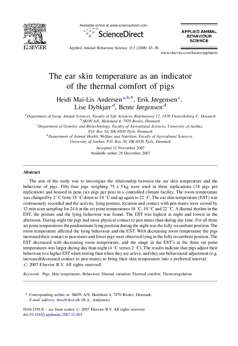 The ear skin temperature as an indicator of the thermal comfort of pigs