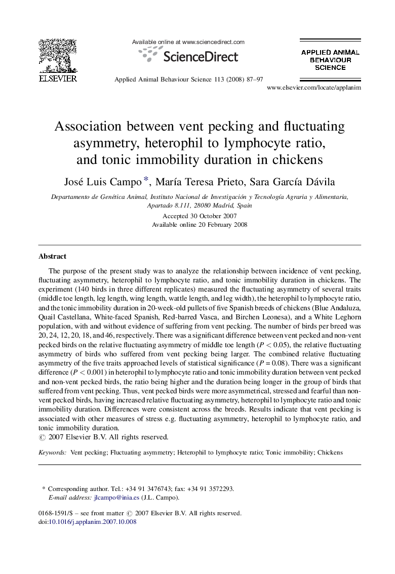 Association between vent pecking and fluctuating asymmetry, heterophil to lymphocyte ratio, and tonic immobility duration in chickens