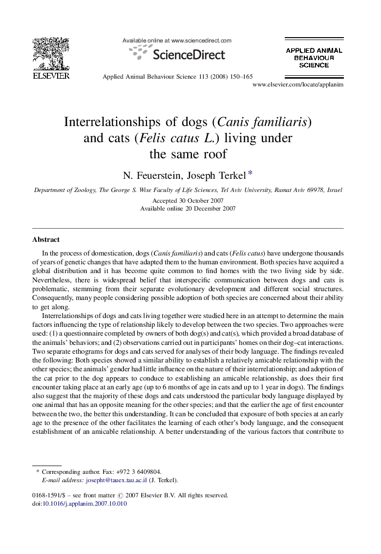 Interrelationships of dogs (Canis familiaris) and cats (Felis catus L.) living under the same roof