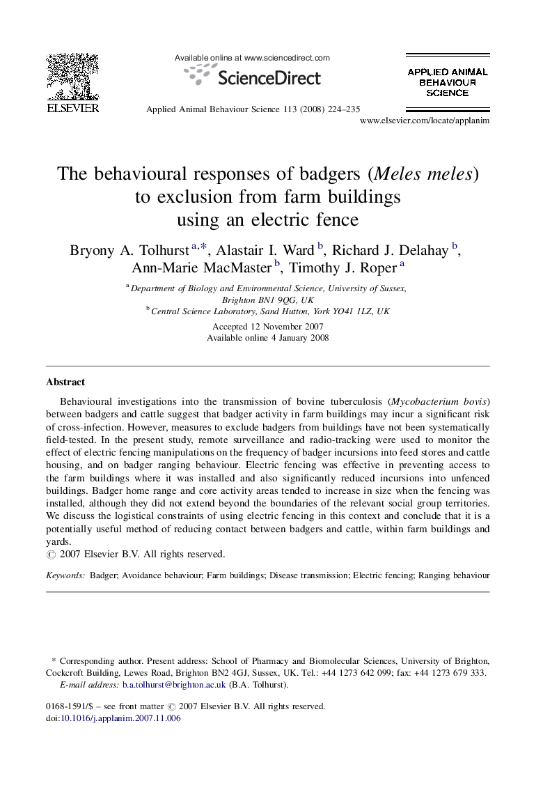 The behavioural responses of badgers (Meles meles) to exclusion from farm buildings using an electric fence