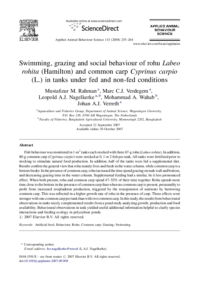 Swimming, grazing and social behaviour of rohu Labeo rohita (Hamilton) and common carp Cyprinus carpio (L.) in tanks under fed and non-fed conditions