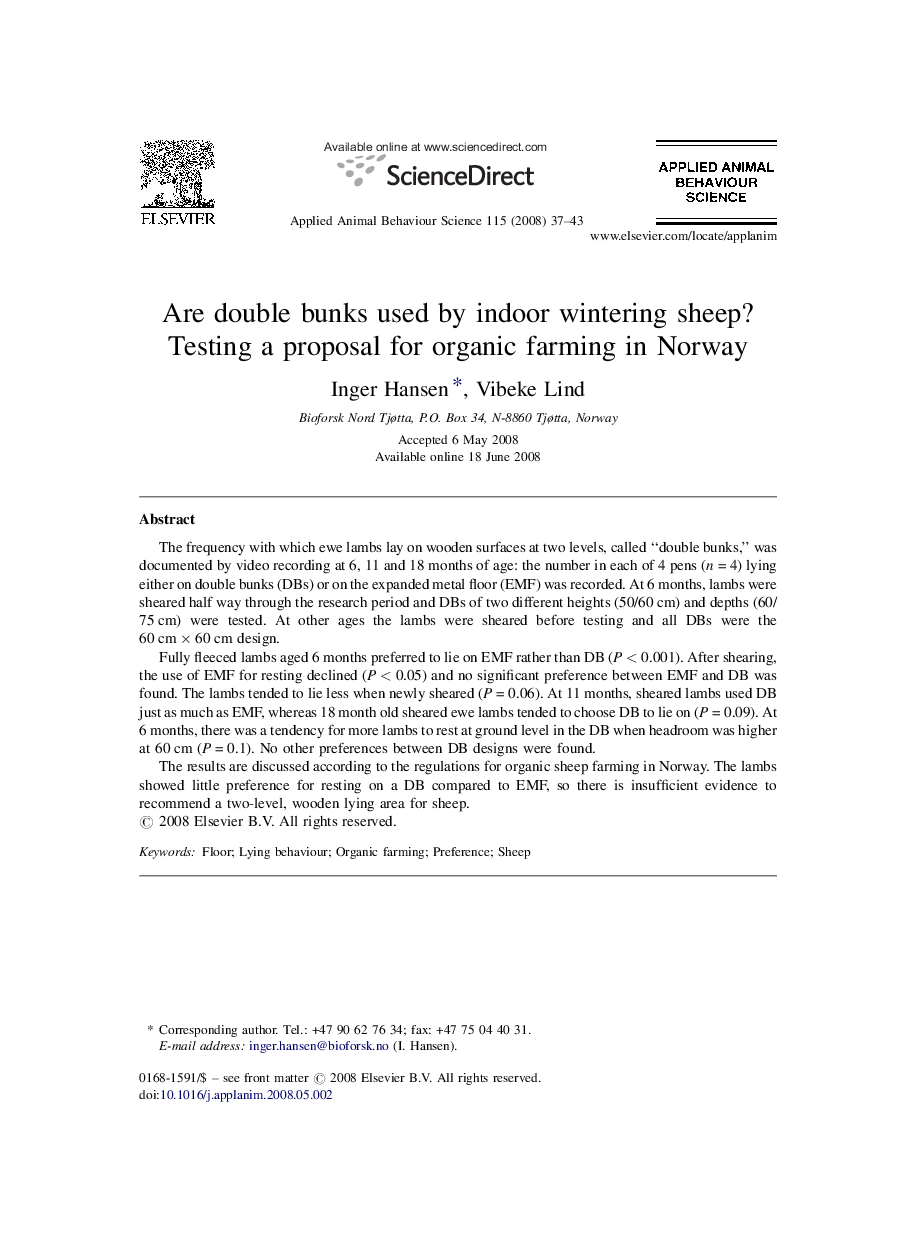 Are double bunks used by indoor wintering sheep?: Testing a proposal for organic farming in Norway