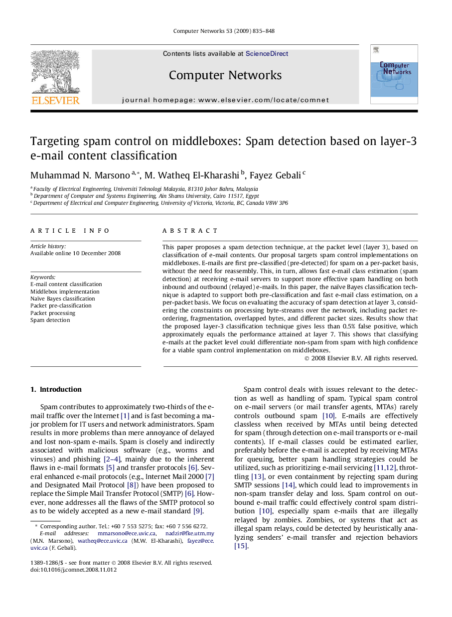 Targeting spam control on middleboxes: Spam detection based on layer-3 e-mail content classification