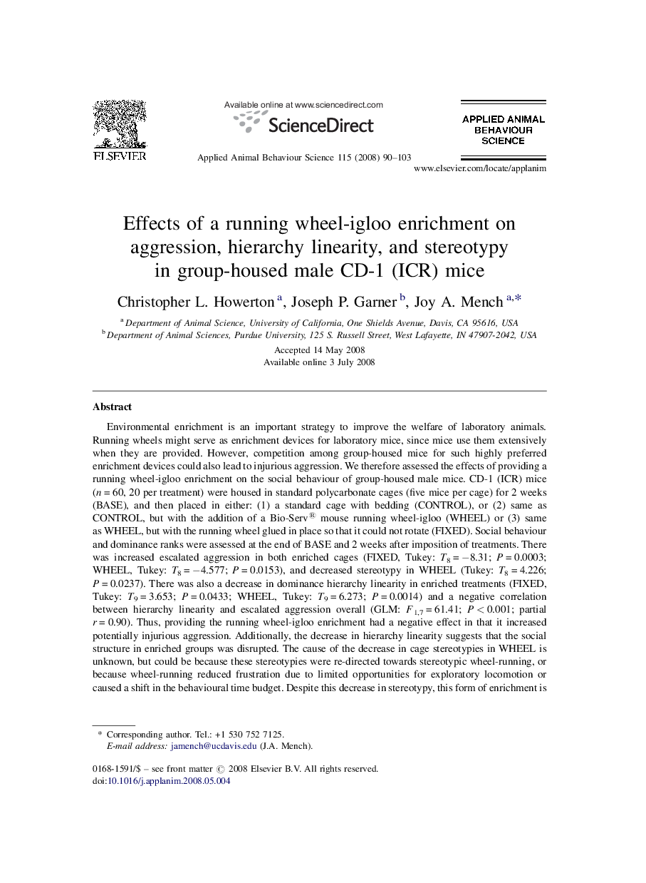 Effects of a running wheel-igloo enrichment on aggression, hierarchy linearity, and stereotypy in group-housed male CD-1 (ICR) mice