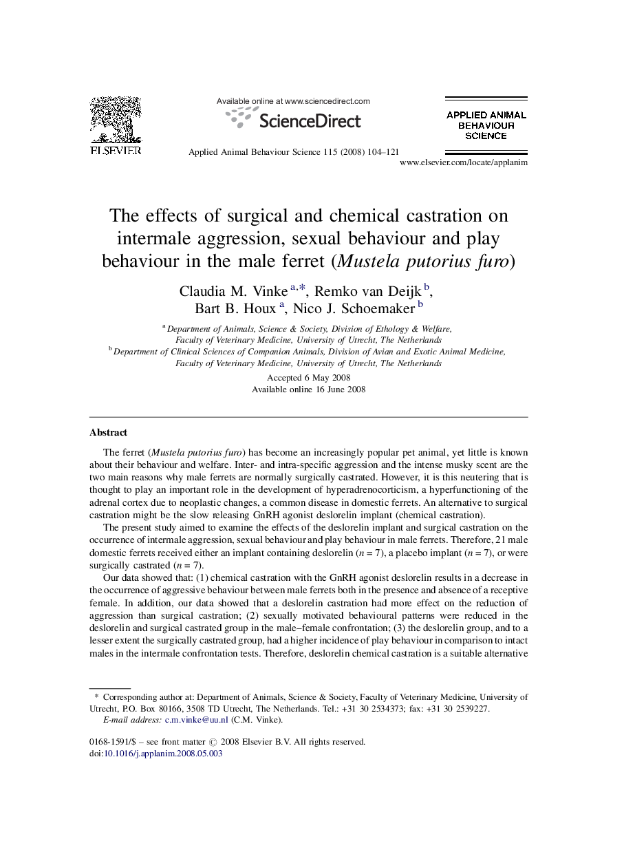 The effects of surgical and chemical castration on intermale aggression, sexual behaviour and play behaviour in the male ferret (Mustela putorius furo)