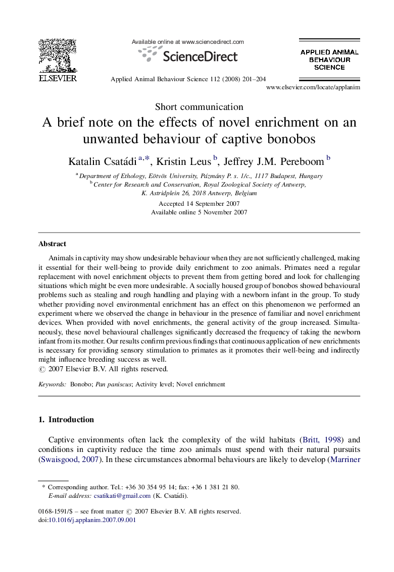 A brief note on the effects of novel enrichment on an unwanted behaviour of captive bonobos