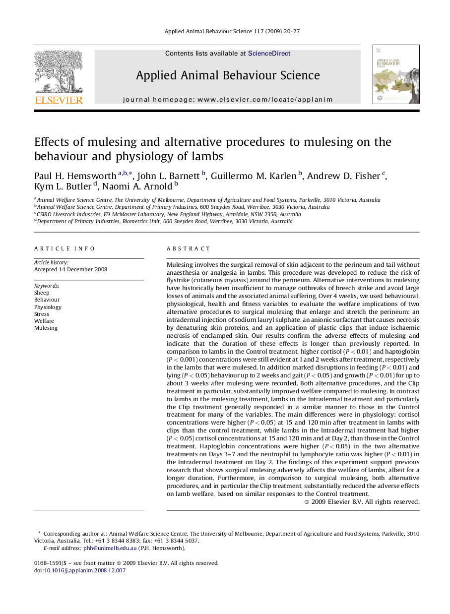 Effects of mulesing and alternative procedures to mulesing on the behaviour and physiology of lambs