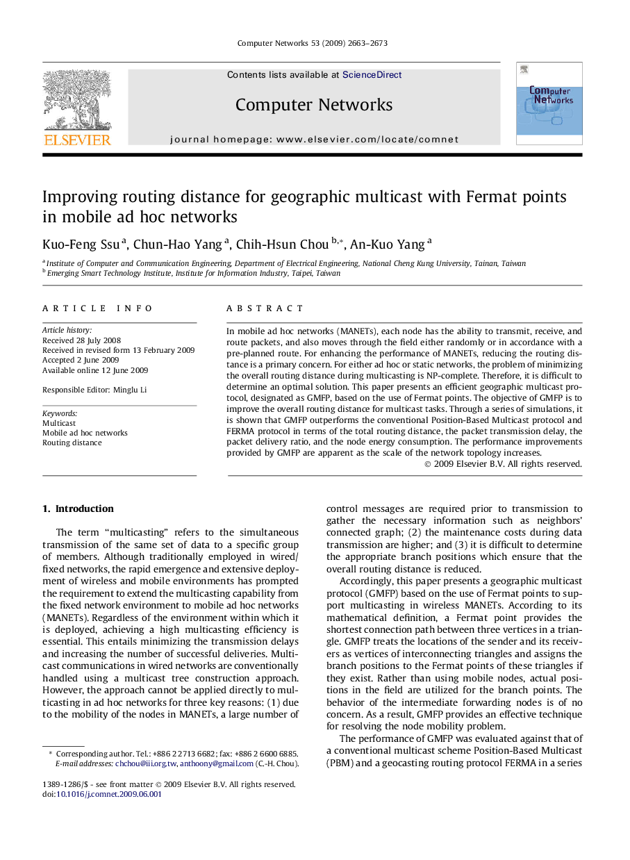 Improving routing distance for geographic multicast with Fermat points in mobile ad hoc networks