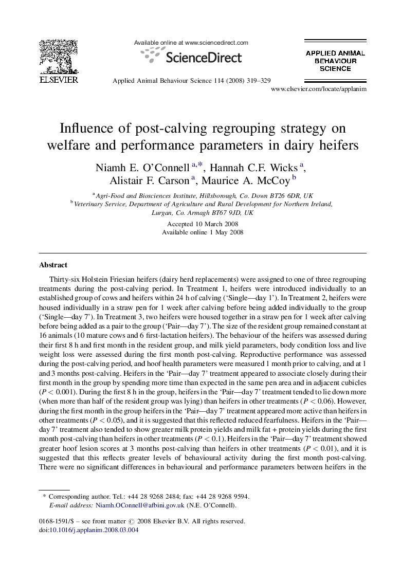 Influence of post-calving regrouping strategy on welfare and performance parameters in dairy heifers