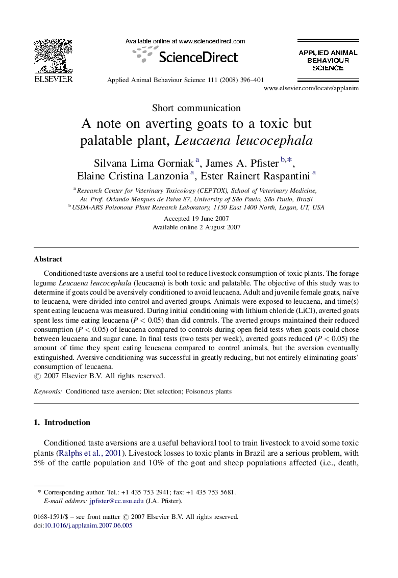 A note on averting goats to a toxic but palatable plant, Leucaena leucocephala