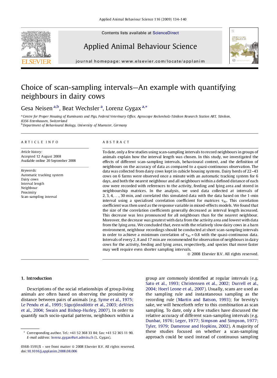 Choice of scan-sampling intervals—An example with quantifying neighbours in dairy cows