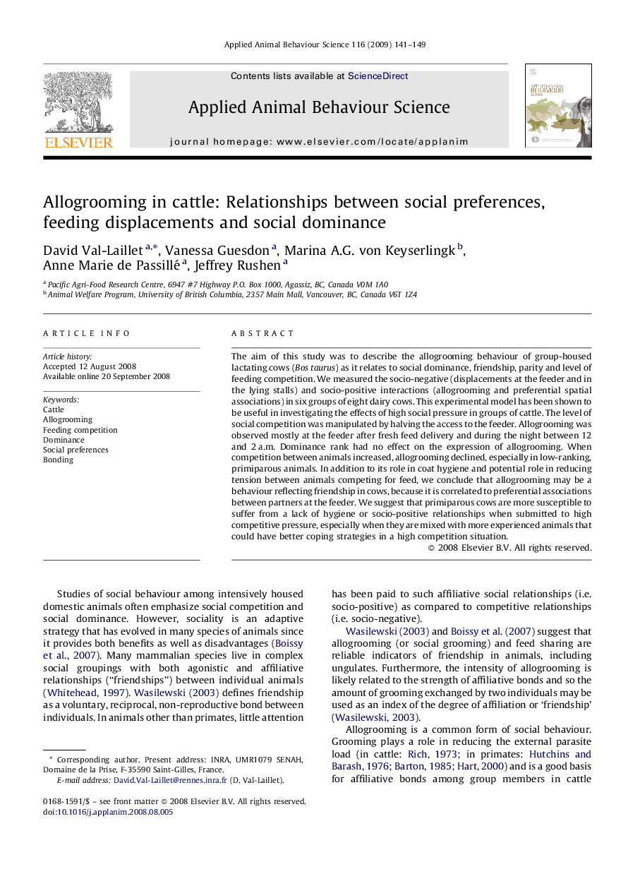 Allogrooming in cattle: Relationships between social preferences, feeding displacements and social dominance