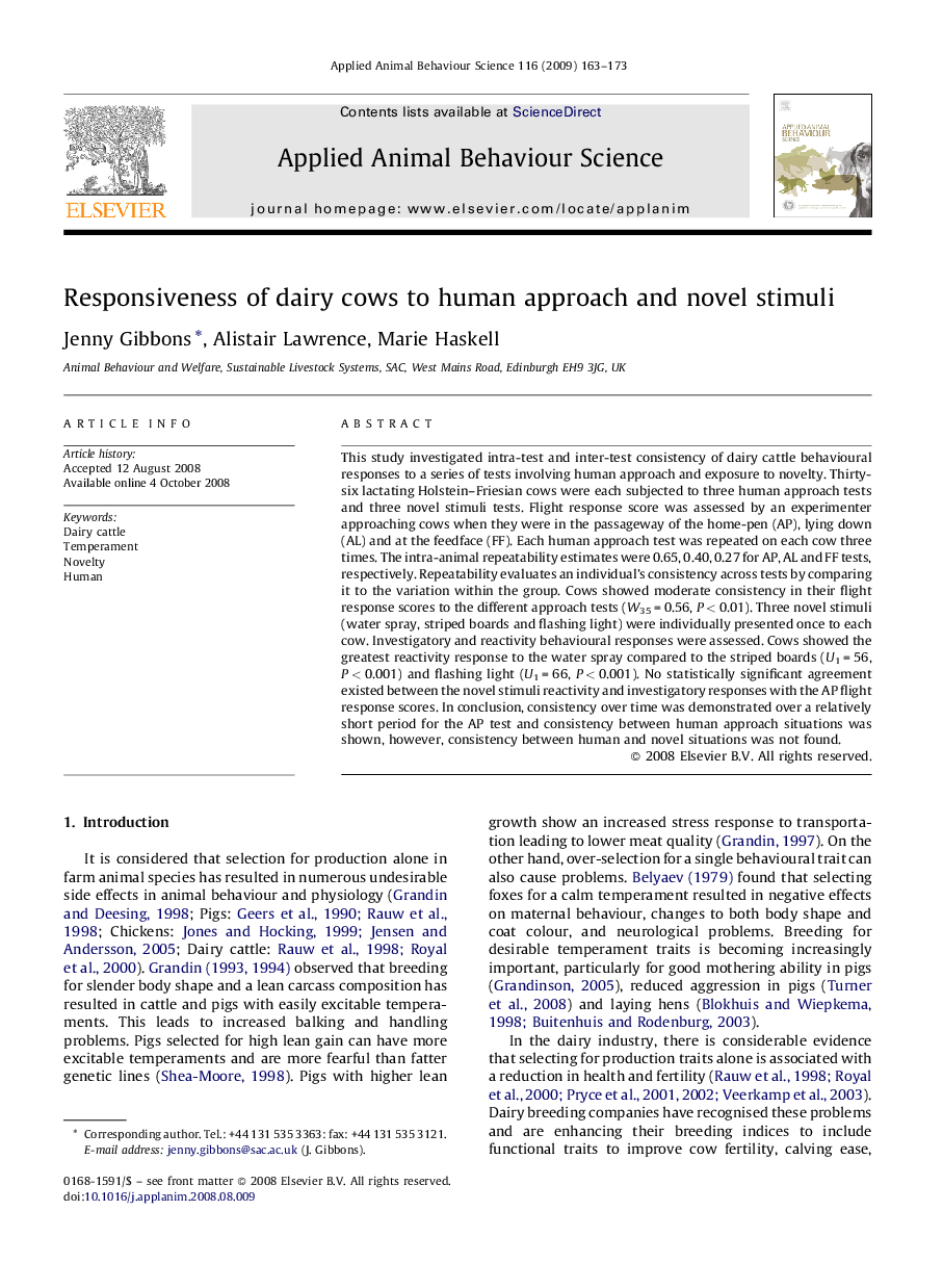 Responsiveness of dairy cows to human approach and novel stimuli