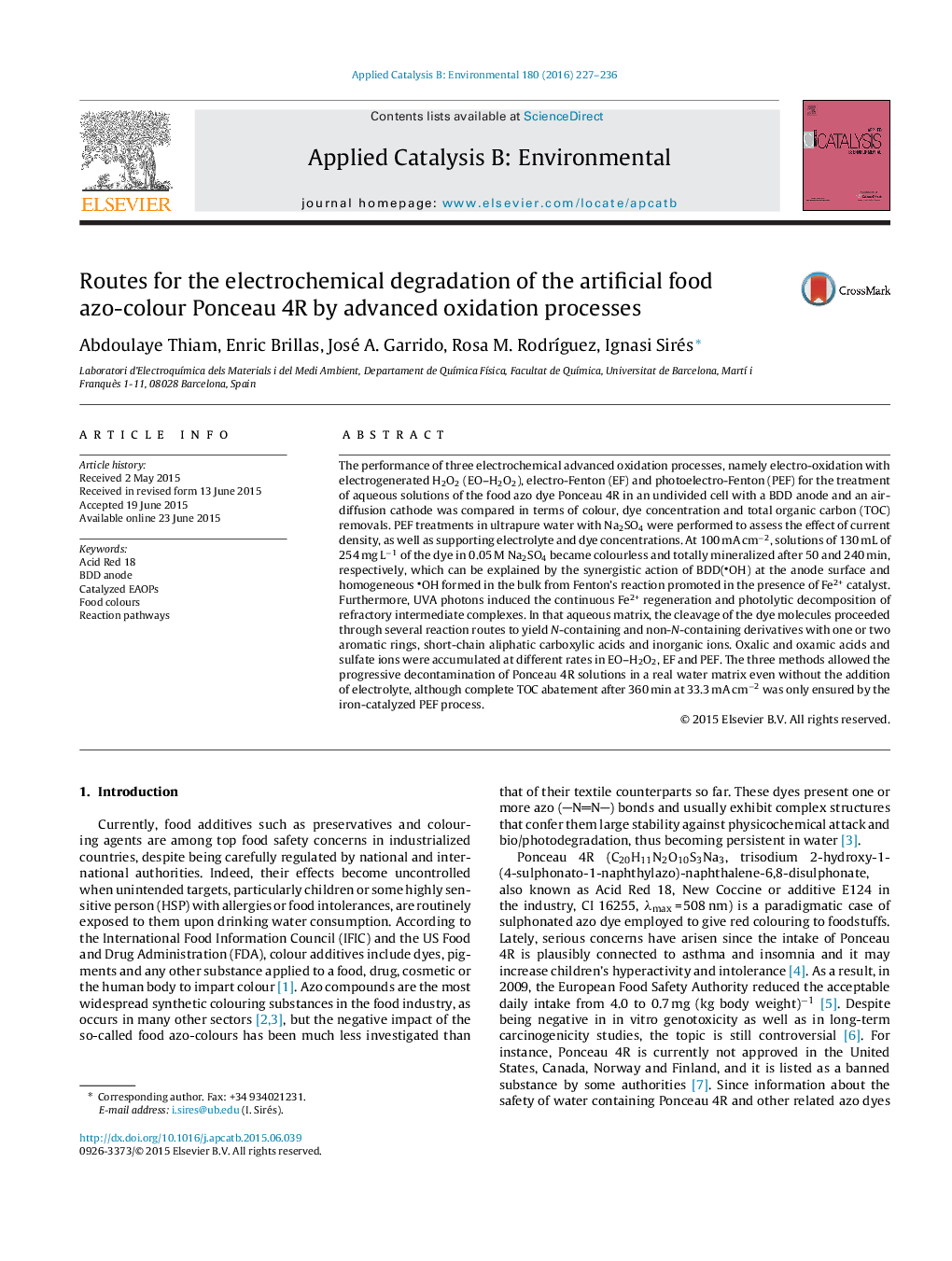 Routes for the electrochemical degradation of the artificial food azo-colour Ponceau 4R by advanced oxidation processes