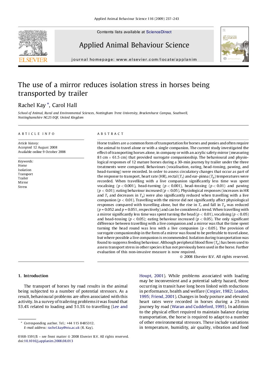The use of a mirror reduces isolation stress in horses being transported by trailer